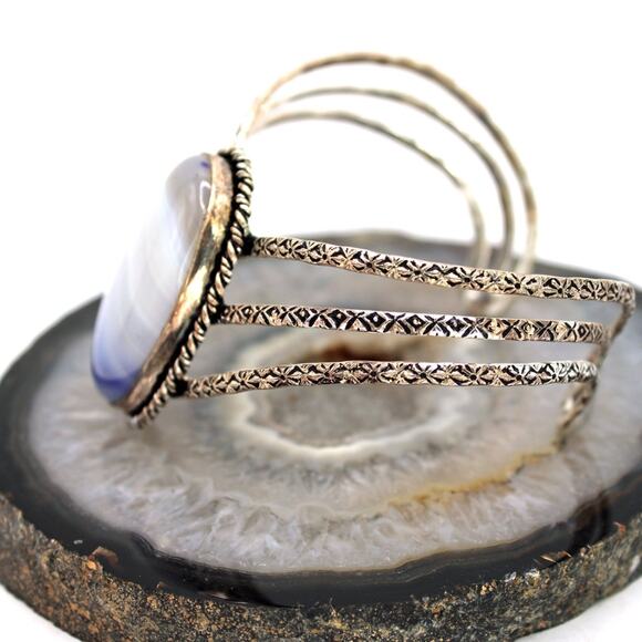 Sterling Silver Blue Agate Chevron Cuff Bracelet. - Picture 5 of 8